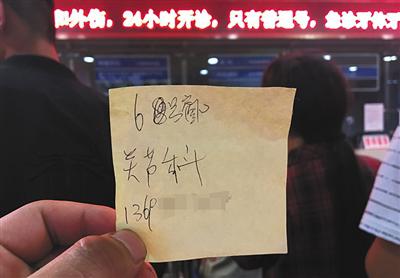 “号头”给兼职人员一张纸条，写着去6号窗口挂关节科的号。 
